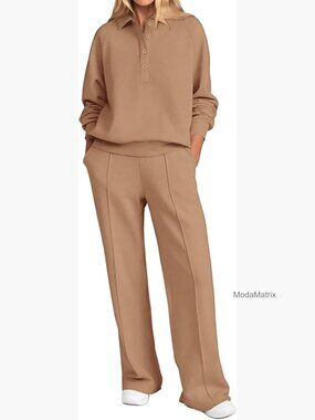Women's 2-Piece Sweatsuit Set Long Sleeve Quarter Button Wide Leg Lounge
